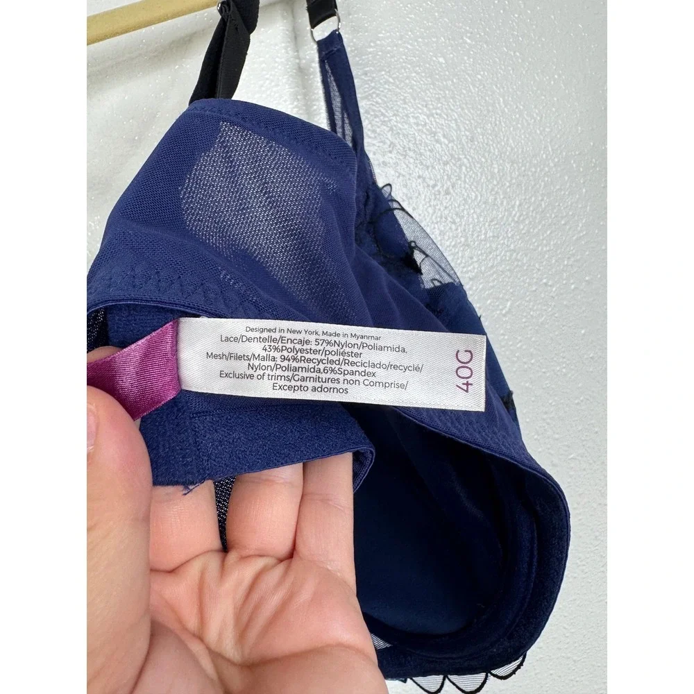 Adore Me Navy Blue Mesh Bat Embroidery Unlined Underwire Bra 40G Gothic Spooky
